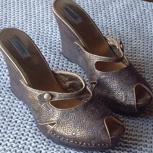 Prada Bronze & Gold Embroidered Wooden wedges